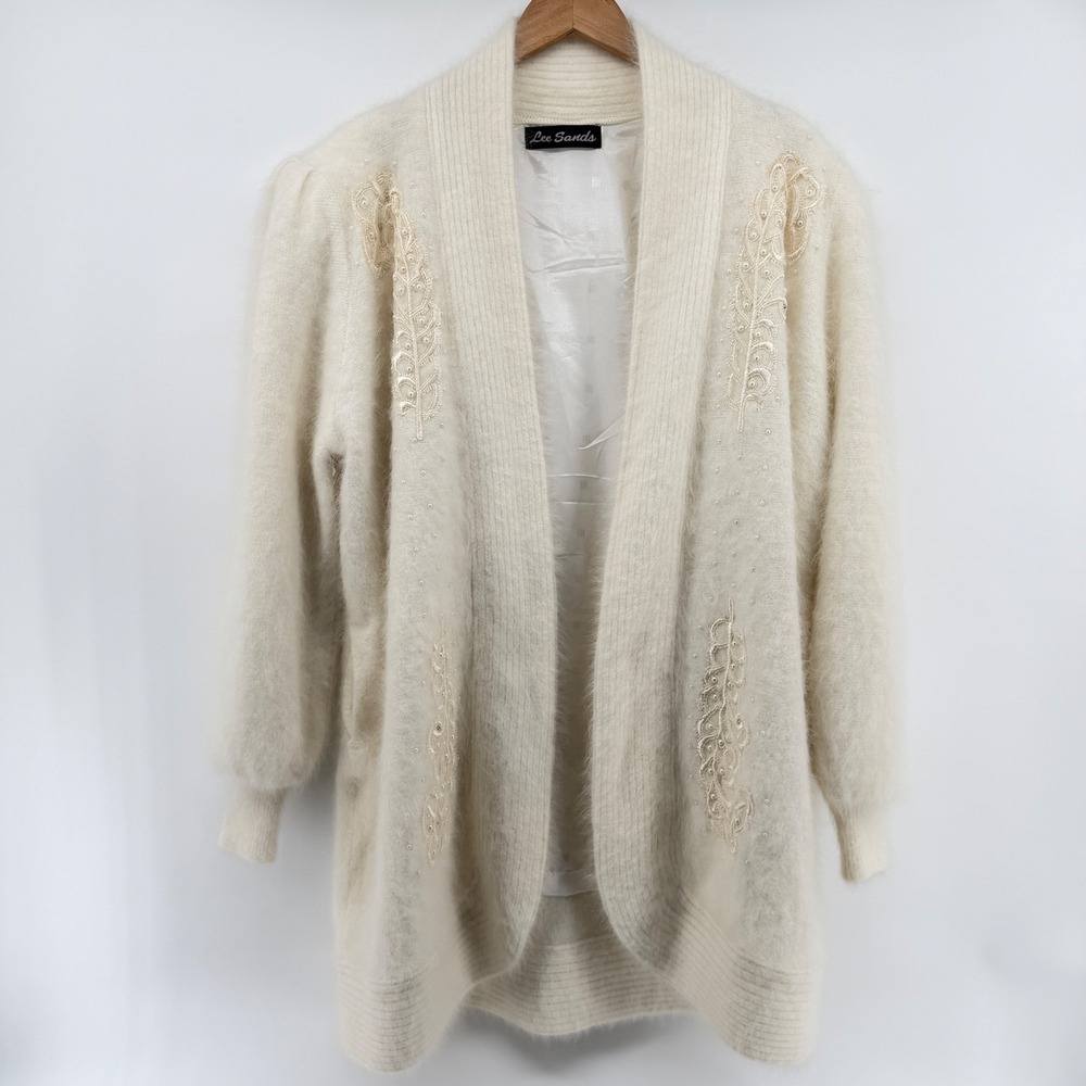 VTG Lee Sands Angora Rabbit Hair Blend Pearl Beaded Lace Cardigan Sweater Cream